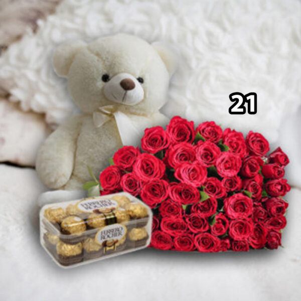 Balíček růží 21 s medvědem plyšovým a bonboniérou