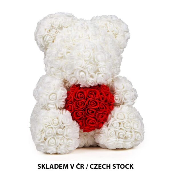 Medvídek z růží bílý srdce velký XL 38-40cm