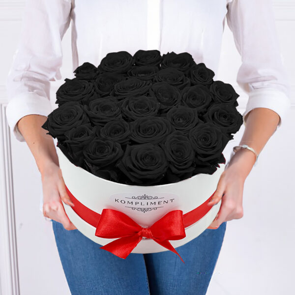 černé růže v bílé kulaté krabici XL