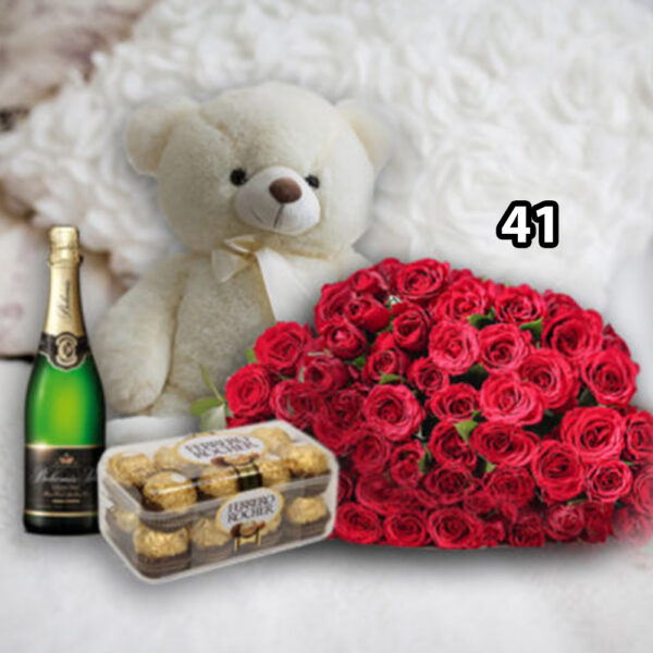Balíček růží 21 s medvědem plyšovým a bonboniérou a sektem